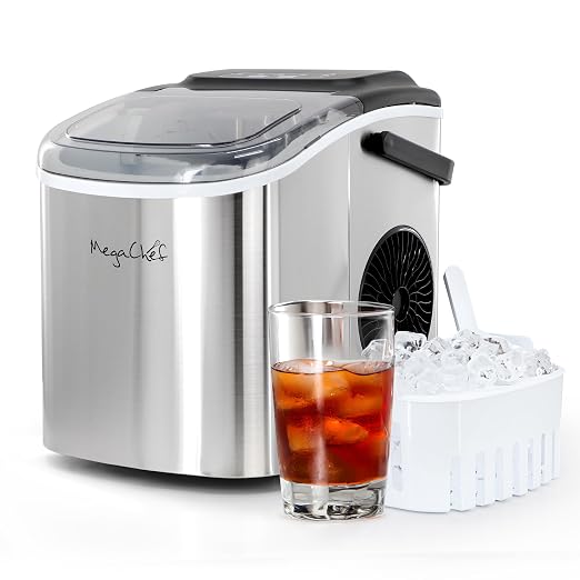 MegaChef 26 Pound Countertop Bullet Ice Maker, Basket and Scooper, Countertop Ice Machine, Easy-Carry Portable Ice (Silver)