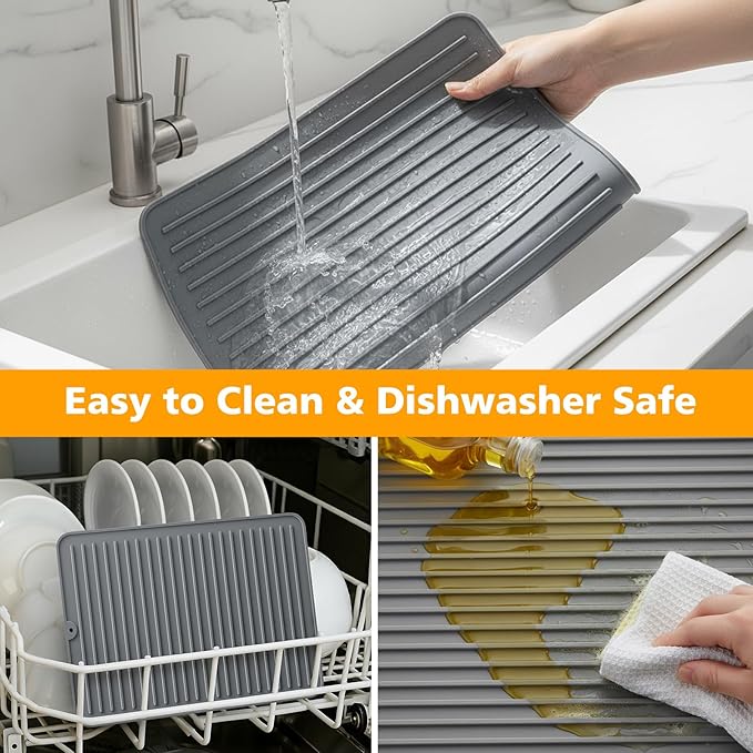 Songrey 16" x 6.5" Silicone Dish Drying Mat, Kitchen Counter Drying Pad for Sink Dishes or Under Rack, Multi-Use as Heat Resistant Trivet, Coffee Bar Mat
