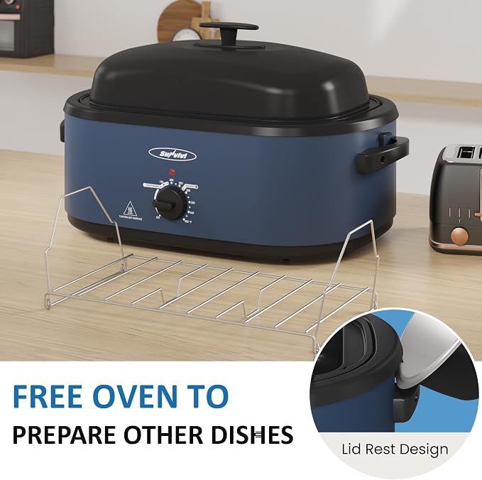 Sunvivi 20QT Roaster Oven, Electric Roaster with 3 Compartments, Turkey Roaster Oven with Self-Basting Lid, Removable Pan & Rack, Defrost & Warm Function, Fit Turkey Up to 24LB, Stainless Steel, Blue