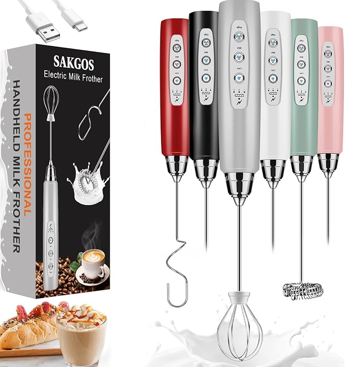 Sakgos Milk Frother Rechargeable Handheld (Silver+Black)
