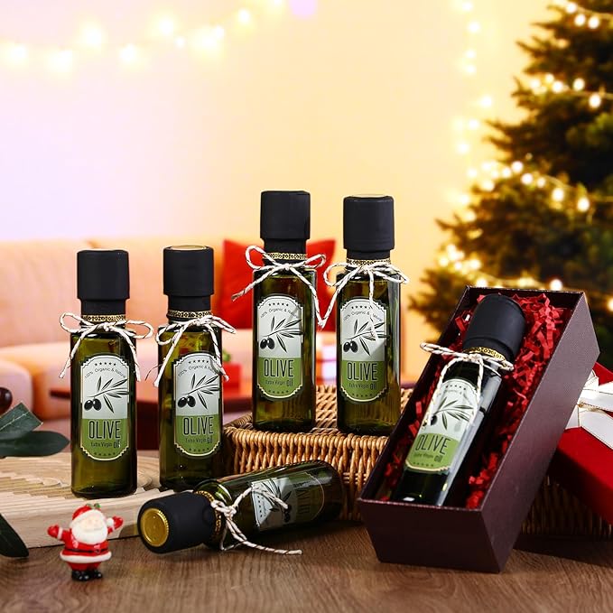 Reallnaive 40 Pcs 4 oz Mini Glass Olive Oil Bottles Empty Sauce Condiment Bottles with Dropper Inserts and Sticker Seals Caps for Gifts Kitchen (Olive Pattern,Dark Green)
