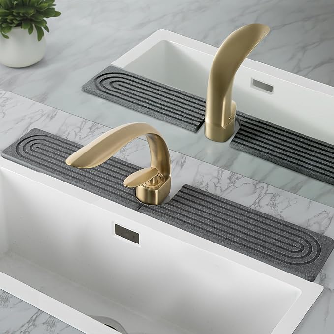 Fast Drying Stone Faucet Mat for Kitchen Sink, Diatomite Water Absorbing Stone Tray for Sink to Prevent Pooling, U-Shaped Stone Faucet Mat Fits Kitchens and Bathrooms