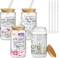 Mumufy 4 Pack Wildflower Glass Cups Gift Aesthetic Cute Glass Cup Tumbler Flower Iced Coffee Mugs 16 oz with Bamboo Lid & Straw, for Wedding Birthday Bridesmaid Mom Baby Shower