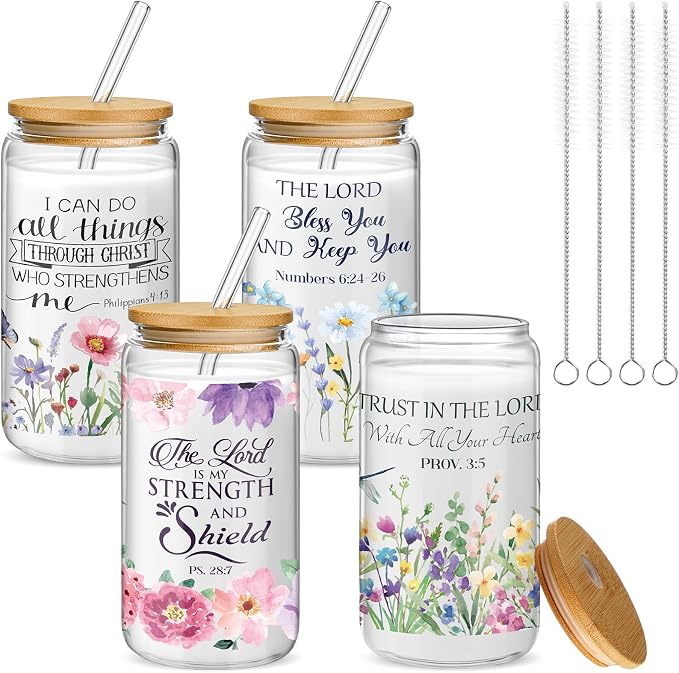 Mumufy 4 Pack Wildflower Glass Cups Gift Aesthetic Cute Glass Cup Tumbler Flower Iced Coffee Mugs 16 oz with Bamboo Lid & Straw, for Wedding Birthday Bridesmaid Mom Baby Shower