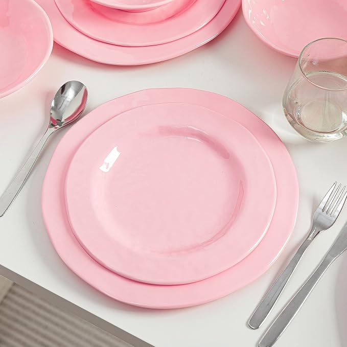 LEHAHA Pink Dishes Melamine Dinnerware Sets, 12 Piece Kitchen Plates and Bowls Dinnerware Sets, Lightweight, BPA free Melamine Dishes for Girls, Valentine's Day, Mother's Day.