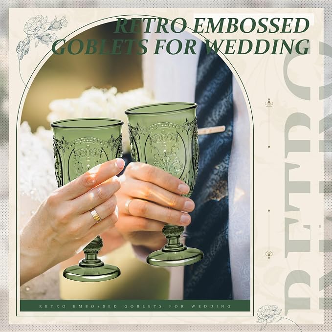 Wiwiqing 24 Pcs Plastic Goblets 7.5oz Vintage Goblet Plastic Wine Glasses Colored Retro Embossed Water Goblets for Wine Bar Juice Baby Shower Wedding Reception Grand Event Party (Olive Green)