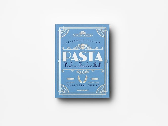 Printworks The Essentials, Pasta Tools – Pasta Kit with Spaghetti Tong, Spaghetti Measurer & Grater in Bright Blue Book-Style Case