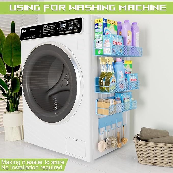 4 Pack Magnetic Shelves for Washing Machine, Heavy-Duty Magnetic Laundry Organizer with Hooks, Washing Machine Shelf for Refrigerator, Metal Storage Baskets, Closet & Laundry Room Organization (Blue)