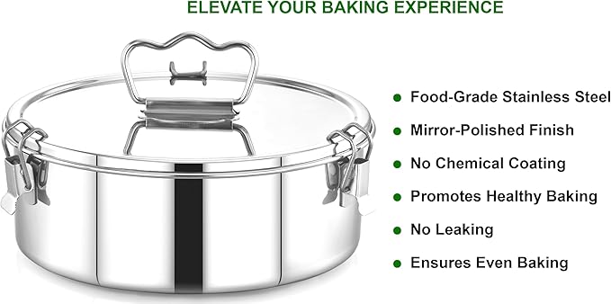 Stainless Steel Flan Pan with Lid, 80 fl oz Flanera Mold, Fits 8 Qt Cookers, 8.6 x 3.5 in, 3 Locking Clips, Oven Safe for Water Bath Baking, Cheesecake, Flan, Quesillo
