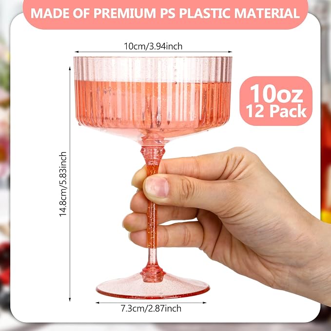 Jingmore 12 Pcs Ribbed Martini Glasses 10 oz Disposable Plastic Vintage Ribbed Coupe Glasses with Gold Rim Glitter Cocktail Unbreakable Dessert Parfait Glassware for Wedding Party Supplies (Pink)
