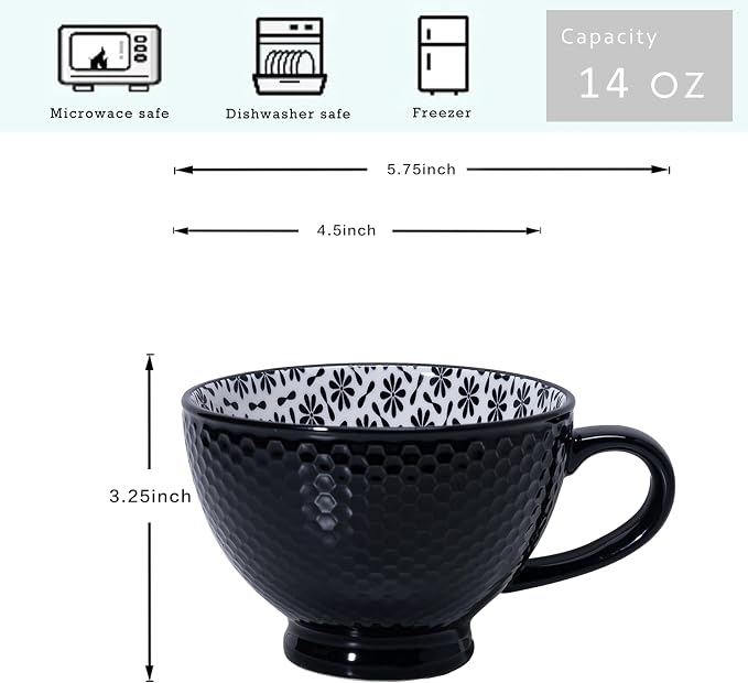 LEHAHA Coffee Mugs Set of 6, 14 Ounces footed Ceramic Mugs, Porcelain Black Coffee cups with handle for men women for Coffee, Tea, Cappuccino, Cocoa, Cereal, Black