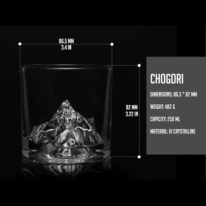 LIITON K2 Mountain Heavy Crystal Whiskey Glasses Gift Set of 2, Thick Freezable Bourbon Glass 1lb Each, Premium Whiskey Gifts for Men, Frozen Crystal Chills Cocktails, 10 oz