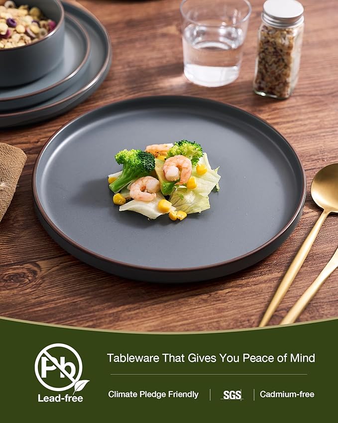 Famiware Nebula Ridge Stoneware Dinnerware Sets with Pasta Bowls, Plates and Bowls Sets, Service for 4 (16 Pieces), Microwave and Dishwasher Safe Kitchen Plates, Charcoal
