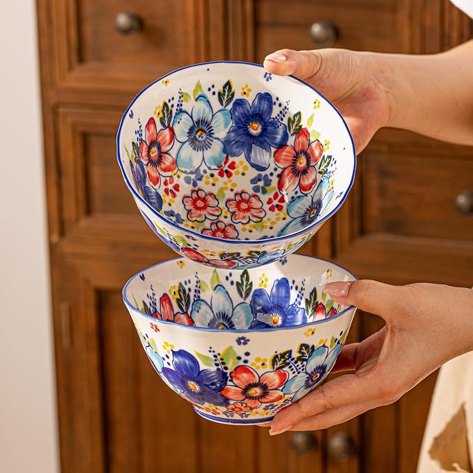 18-Piece Vibrant Floral Ceramic Dinnerware Set, Service for 6, Colorful Floral Plates and Bowls, Microwave & Dishwasher Safe, Bohemian Style Porcelain Dish Set