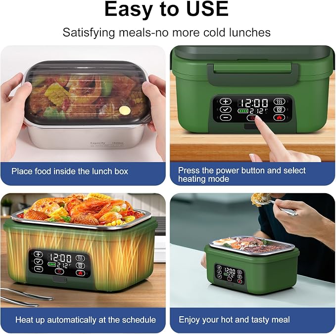 Cordless Electric Heated Lunch Box, 1.5L - 6.3 Cups 100W Rechargeable Smart Self-Heating Food Warmer with Removable Divider, Spoon, Fork, BPA Free, Portable Lunchbox for Car Travel Office Deep Green