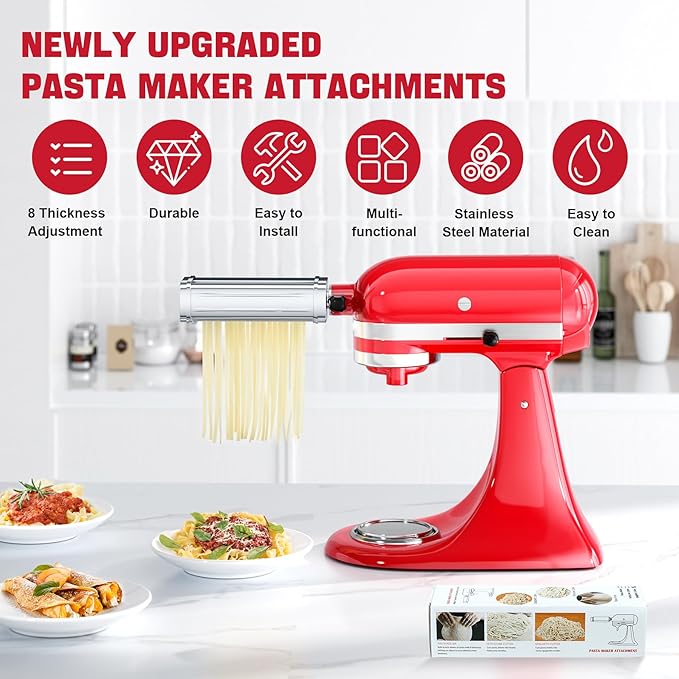 Pasta Maker Attachment for all KitchenAid Stand Mixer, including Fettuccine Cutter
