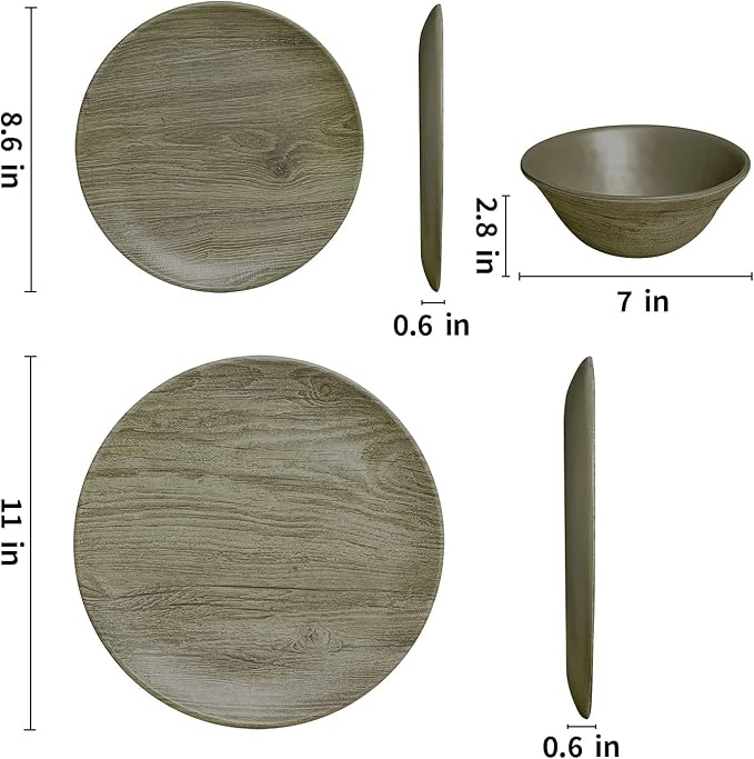 TP 18-Piece Dinnerware Set, Melamine Dishes Set with Bowls and Plates, Service for 6, Non-breakable Lightweight Dining Tableware, Grayish-brown Wood Grain