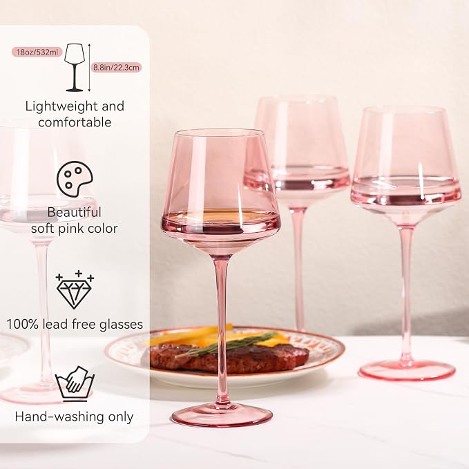 Pink wine glasses set-Pink Colored Wine Glasses Set of 6 -light peach wine glasses Gifts for Women Hand-Blown colored Glasses-Bachelorette, Party, Celebration, Birthday
