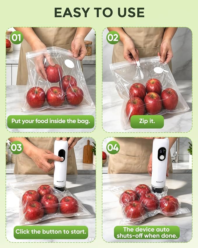 Compact Vacuum Sealer for Food (Vacuum Sealer Machine + 30 Reusable Vacuum Bags) Powerful Handheld Vacuum Sealer Machine, Seal Meal Saver, Portable Food Sealer
