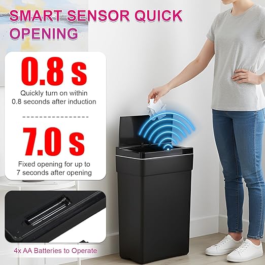 PayLessHere 13 Gallon 50 L Trash Can with Lid Plastic Kitchen Trash Bin Automatic Touch Free Motion Sensor Trash Can (1, Black)