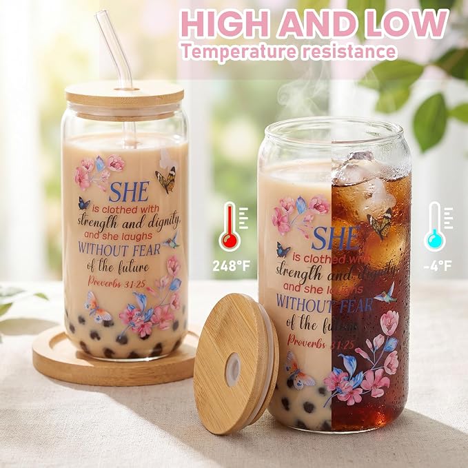 Teenyyou 12 Set of Christian Gifts for Women Bible Verse Glasses Tumbler with Bamboo Lid and Glass Straw 16oz Inspirational Religious Coffee Cup for Back to School Teacher Appreciation Gifts