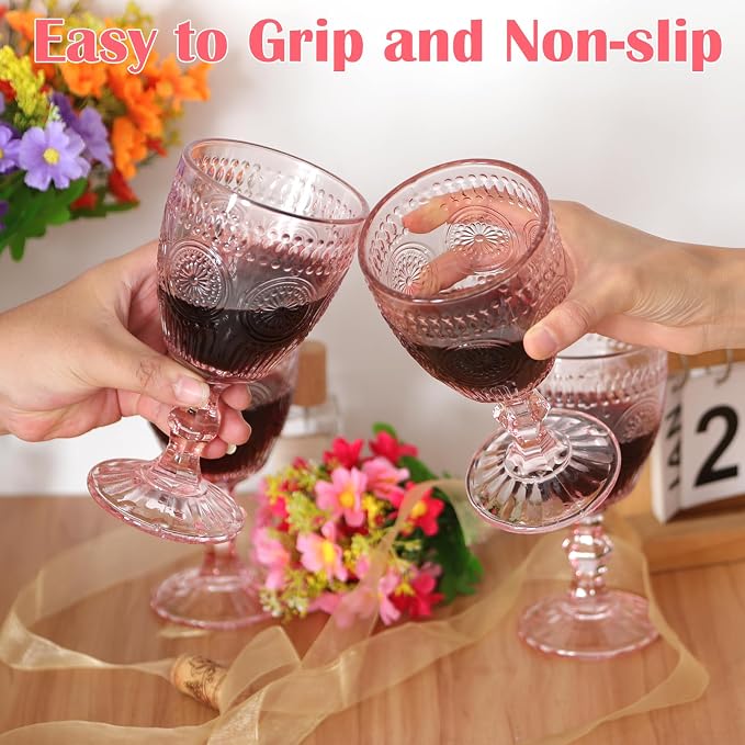 Pack of 12 Glass Goblets Wine Glassware, 10 oz, Pink | Wine Glasses, Not Dishwasher Safe,Wedding Glass Set, Embossed Drinking Glasses Cups for Thanksgiving Wedding Party Bar