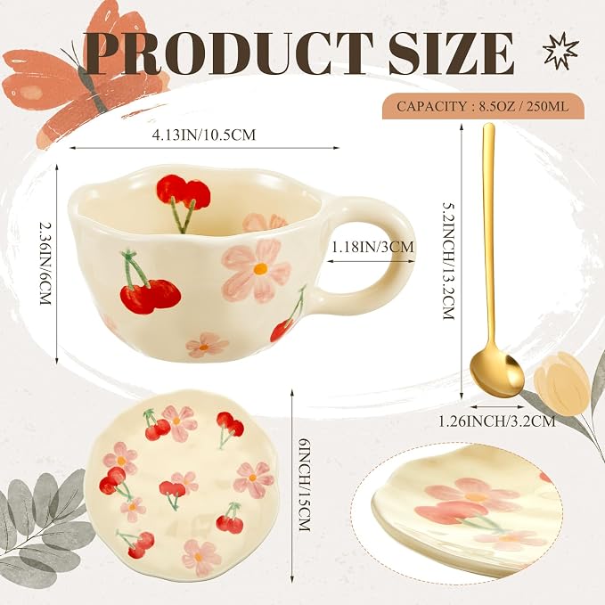 Vesici 1 Set Ceramic Coffee Mug Set with Saucer and Spoon Cute Mothers Day Gifts for Mom 8.5 oz Vintage Floral Tea Cup Aesthetic Mug Gift for Women, Dishwasher and Microwave Safe (Classic Style)