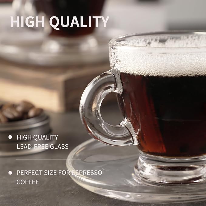 Espresso Cups with Saucers and Spoons Set of 6, Glass Demitasse Cups for Cappuccino Latte Café Mocha Tea and More Beverage, 3.2OZ/95ML, Clear