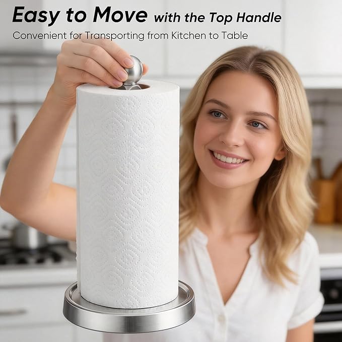 theaoo Paper Towel Holder Countertop, One-Handed Tear Paper Towel Stand Dispenser with Damping Function for Kitchen Bathroom, Stainless Steel Paper Towel Holder with Weighted Non-slip Base (1, Silver)