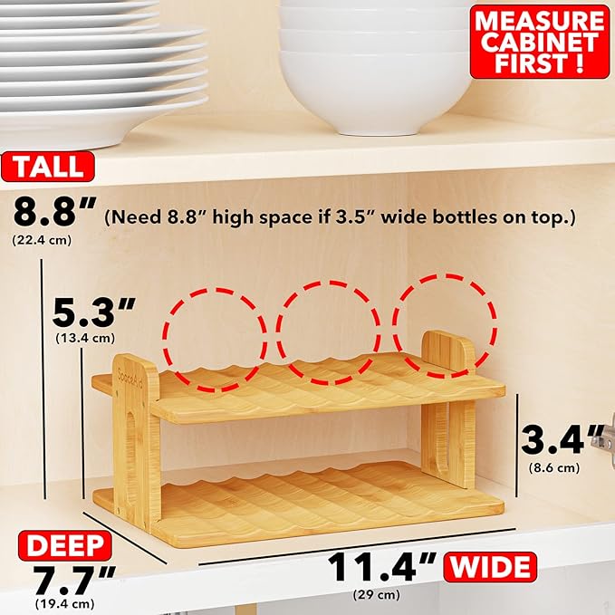 SpaceAid Bamboo Water Bottle Organizer with Labels, Kitchen Pantry Water Bottle Storage Rack for Cabinets, Home Cup and Wine Bottle Holder Shelf Organizers, (2-Tier, Hold 6 Bottles)