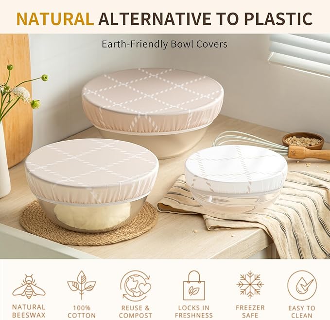 Reusable Bowl Covers for Bread Proofing- 3pc Beeswax Bowl Covers Reusable 8/10/12 Inch, 100% Organic Cotton, Elastic Cover for Sourdough- Shower Caps for Sourdough Bread, Dough Proofing & Food Storage