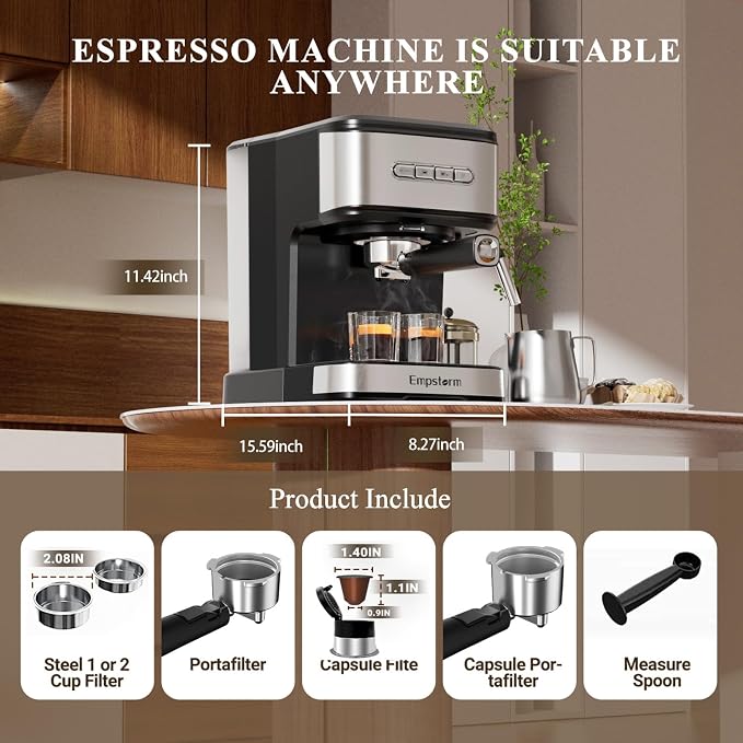 Empstorm 20 Bar Espresso Machine, Cappuccino Machines with Milk Frother Steam Wand, Stainless Steel Latte Machine for Home&Barista, Automatic Shut-off Function