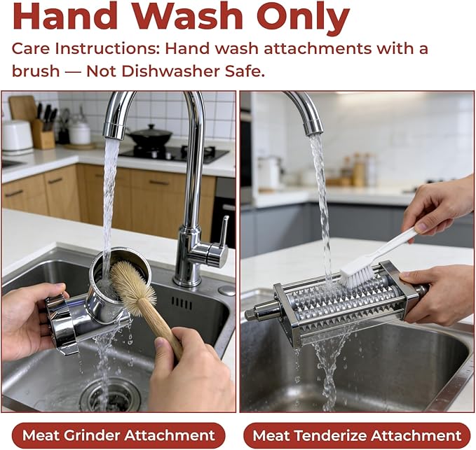 Stainless Steel Meat Grinder & Meat Tenderizer Attachments Compatible with KitchenAid Stand Mixer, 3 Adjustable Thickness - Includes 4 Grinding Plates, 3 Sausage Stuffer Tubes & Burger Press