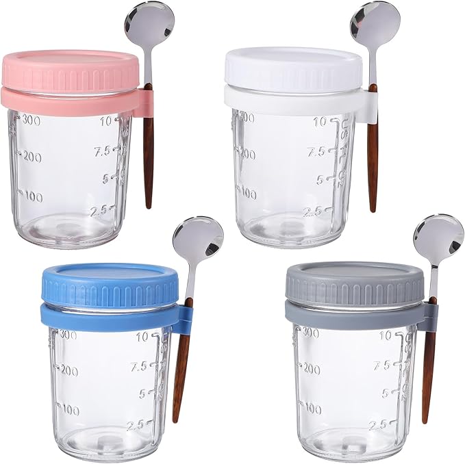 Beaupretty 4 Pcs 400ml Macaron Airtight Glass Jars with Lids and Spoons, Wide Mouth Kitchen Storage Canisters for Cereal, Oatmeal, Yogurt, and Meal Prep