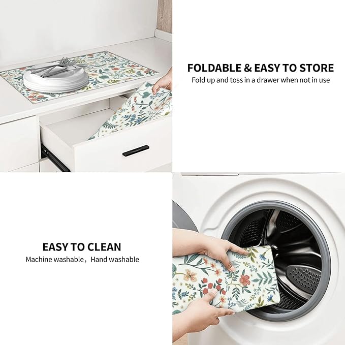 2Pcs Dish Drying Mats Faucet Mats Sets Large Size Coffee Mats Sink Faucet Mat Splash Guard for Kitchen Counter Bathroom Sink Coffee Bar Kitchen Decor (Wildflowers 1, 18"x24" 15" x 5.5"Set)