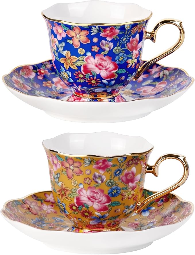 KAMMAK Tea Cups and Saucers Set of 2, Porcelain Coffee Cups, 6.3oz Stackable Espresso Mugs, Ceramic Demitasse for Coffee, Latte, Americano, Tea (643N+644N)