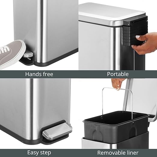 mDesign Slim Metal Rectangle 7.9 Gallon Trash Can with Step Pedal, Easy-Close Lid, Removable Liner - Narrow Wastebasket Garbage Container Bin for Bathroom, Bedroom, Kitchen, Office - Brushed Chrome