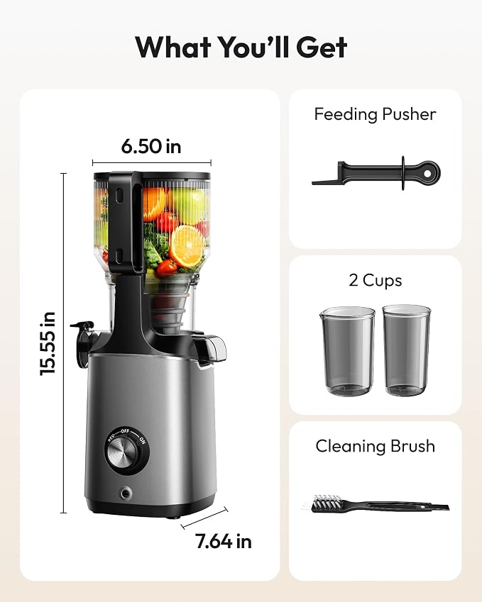 Cold Press Juicer Machines, EUHOMY 5.8" Wide Feed Chute, Slow Masticating Juicer for Whole Vegetables and Fruits, 99.6% High Juice Yield, Easy to clean, Juicer Machines with BPA Free