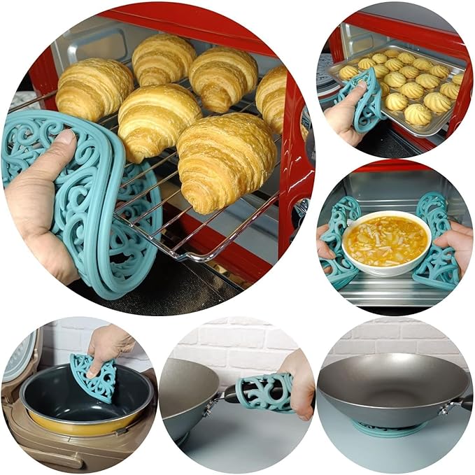 Silicone Trivets for Hot Dishes, Hot Pots and Pans, Modern Silicone Hot Pads for Kitchen, Multi-Use Intricately Carved Trivet Mat for Contertop, Blue Round Pot Holders for Table Top Pack 6