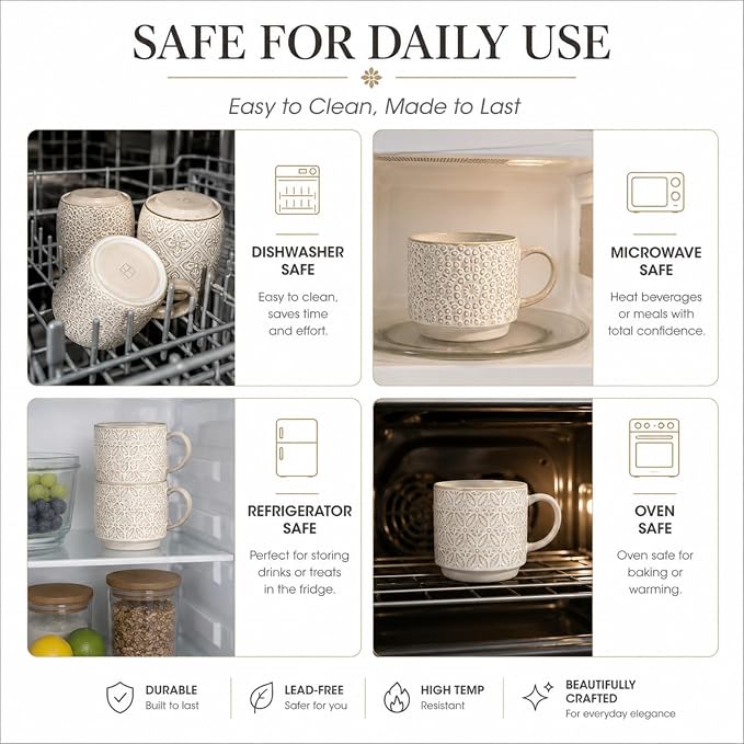6 Oz Coffee Cups Set of 4, Espresso Cups with Stand, Stackable Cappuccino Mugs Set, Embossed Coffee Cup for Latte, Tea, Cocoa, Mocha, Housewarming Present, Dishwasher Safe