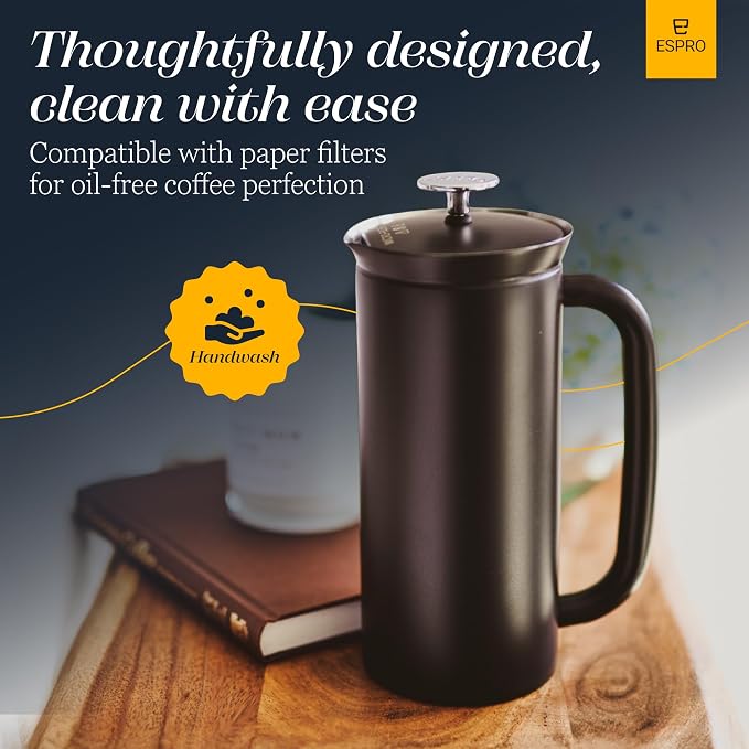 ESPRO Pro P7 French Press Stainless Steel 304 – Patented Double Walled Micro-Filter Insulated French Press Coffee Maker, Grit-Free Brew - Heat Resistant BPA Free - Matte Black - 18oz