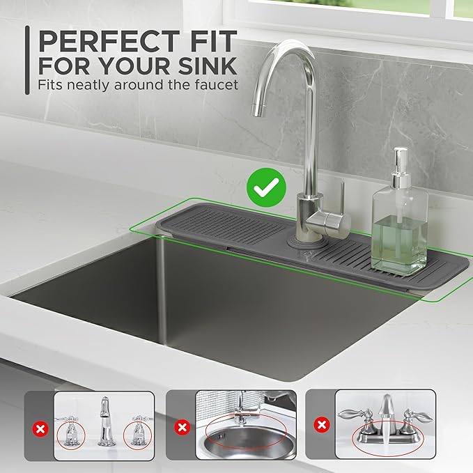Silicone Faucet Mat for Kitchen Sink 17.7 Inch | 5° Slope Fast Self-Draining Sink Splash Guard | Multipurpose Faucet Mat Foldable Durable No Smell | Cut-to-Fit Opening Up to 2.6in|Dark Grey