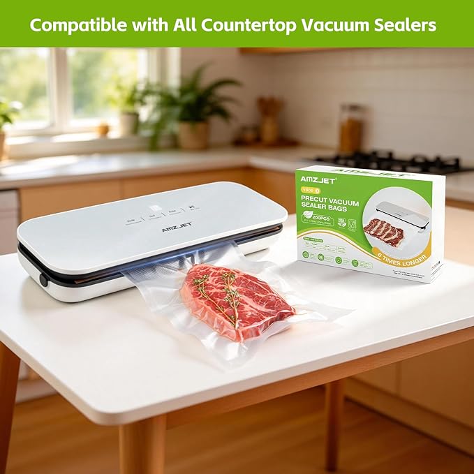 Vacuum Sealer Bags for Food, 200 Count, 8" x 10" Pre Cut Vacuum Seal Bags, BPA Free Embossed Food Saver Vacuum Sealer Bags for Freezer Storage, Meal Prep, Sous Vide, Heavy Duty Commercial Grade