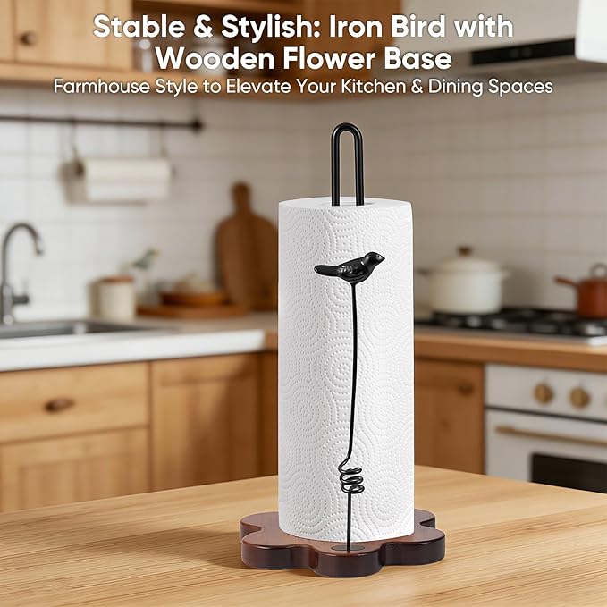 Wood Paper Towel Holder Countertop,Flower Shaped Wood Base with Decorative Spring-Loaded Iron Bird Accent,Dual Iron Rods,Non Slip Pads,Stable for Kitchen,Dining Room & Home Decor