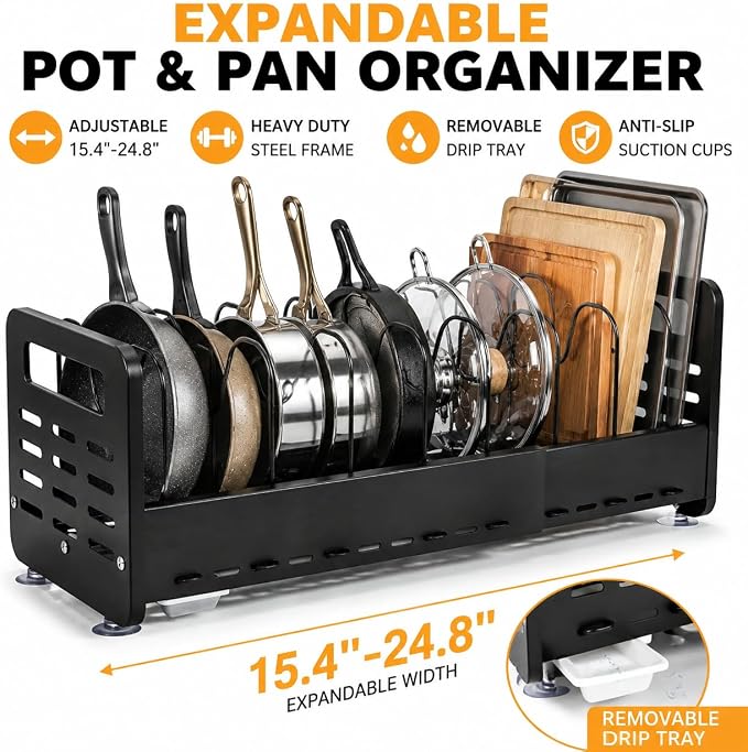 Pots and Pans Organizer Under Cabinet, Expandable 15.4"-24.8" Adjustable Pot and Pan Rack, Heavy Duty Pot Lid Organizer with Removable Drip Tray for Kitchen Cabinets, Countertops
