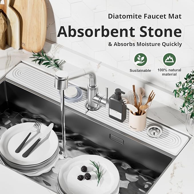 Sink Splash Guard - 30" Absorbent Stone Sink Tray for Kitchen and Bathroom Faucets - Durable Diatomite Mud Faucet Mat for Countertops - White