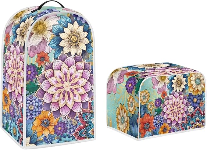 Bright Blossom Flower Toaster Cover 2 Slice，Boho Hippie Floral Kitchen Blender Dust Cover 2 Pcs Small Appliance Dust Cover Anti Fingerprint and Oil Proof Cover-S