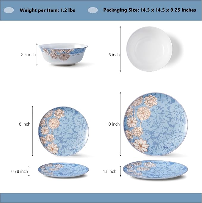 FHGNYSM High Bone China Dinnerware Set, 12-Piece Artistic Blue Plates and Bowls, Lightweight & Chip Resistant Ceramic Service for 4, Dishwasher Safe Elegant Kitchen Dining