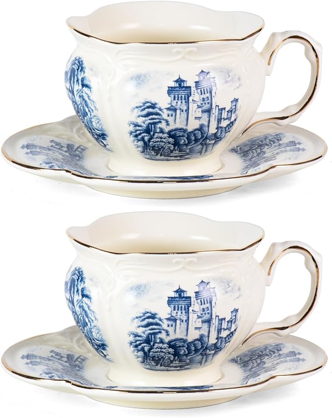 KAMMAK Tea Cups and Saucers Set of 2, Porcelain Coffee Cups, 8-Ounce Stackable Espresso Mugs, Ceramic Demitasse for Coffee, Latte, Americano, Tea, Retro Blue