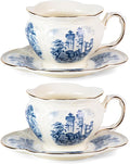 KAMMAK Tea Cups and Saucers Set of 2, Porcelain Coffee Cups, 8-Ounce Stackable Espresso Mugs, Ceramic Demitasse for Coffee, Latte, Americano, Tea, Retro Blue